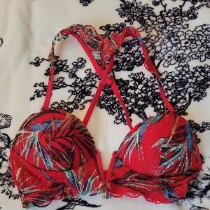 VICTORIA SECRET PINK Red Lace push up Bra with Tropical Print XS
